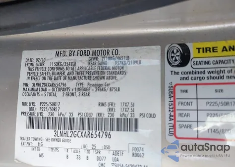 2010 Lincoln Mkz z USA, uszkodzony, nr VIN 3LNHL2GCXAR654796